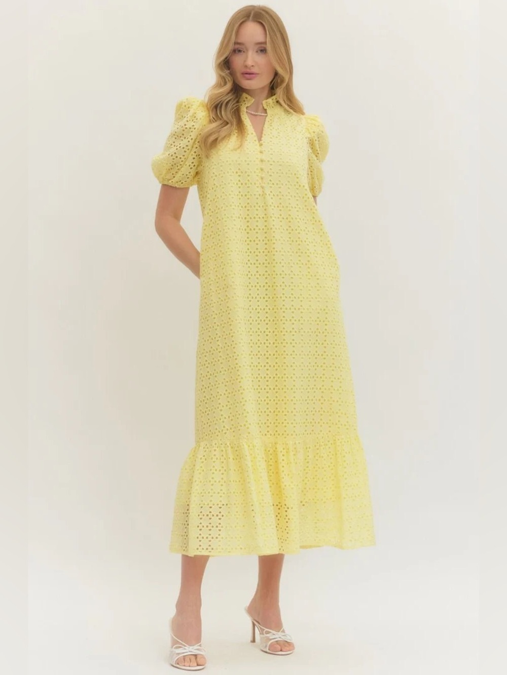 Entro Lemon Eyelet Puff Sleeve Midi Dress